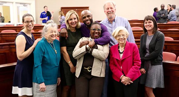 HDFS Alum and NFL Player, Mike Adams, with faculty and staff during his April 2016 Outreach Colloquium
