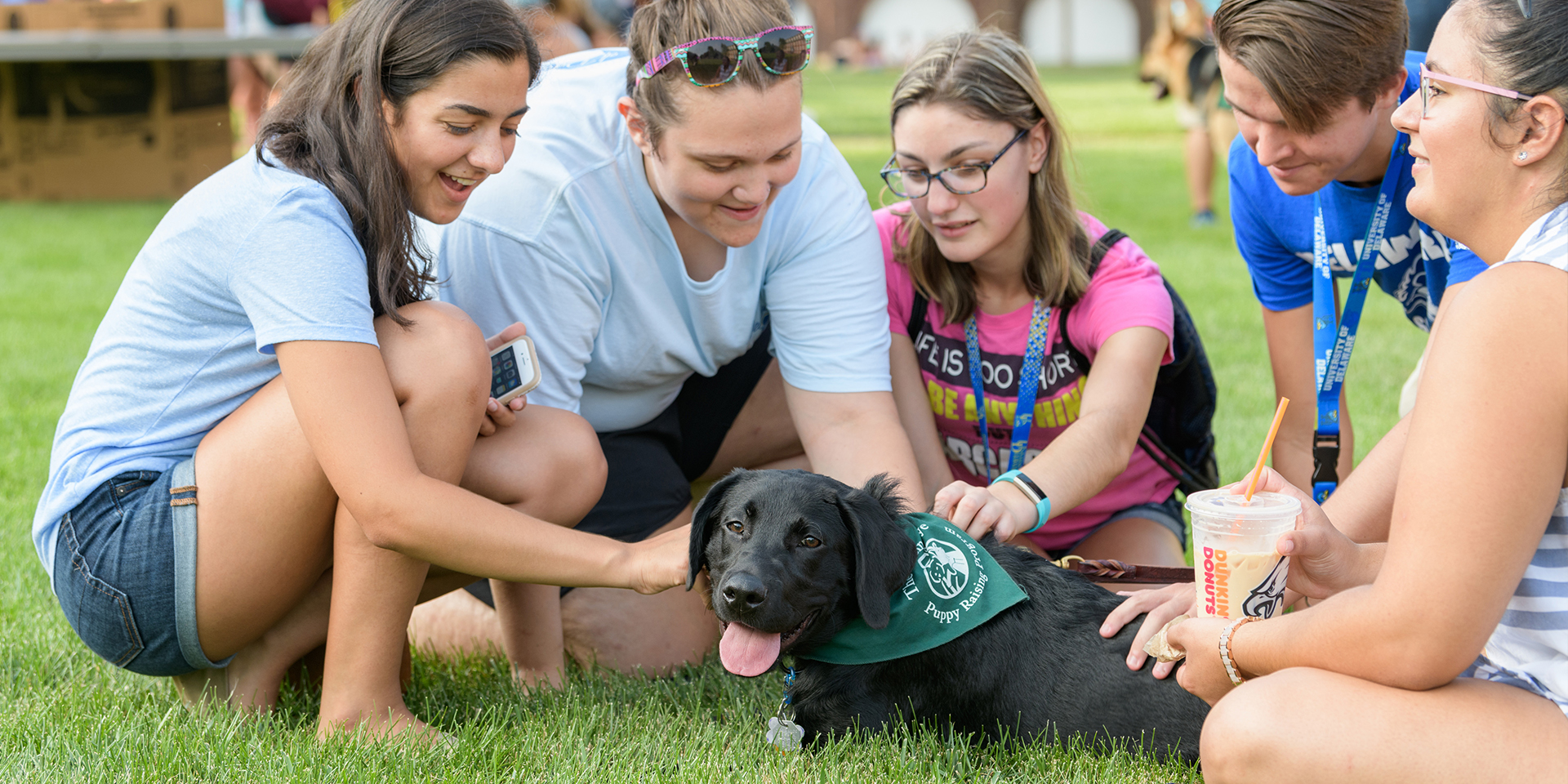 Students gather around a service dog in training on the University green.