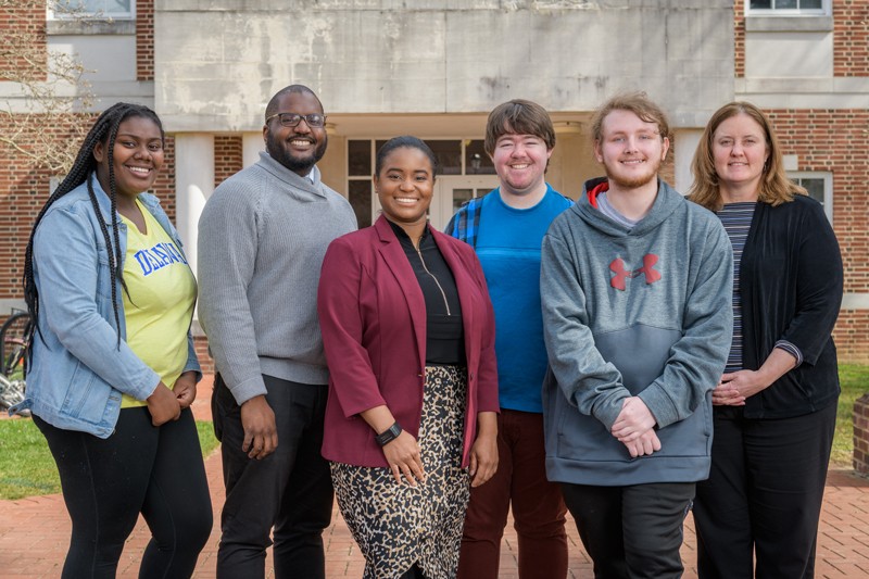 From left to right are student Anij’ya Wilson, program manager Imani Powell, program coordinator Deandra Taylor, student Cooper Middleton, student Michael Sensenig and senior assistant dean Kristine Ritz.